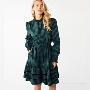 Draper James RVSP Long Sleeve Tiered Green Black Plaid Dress